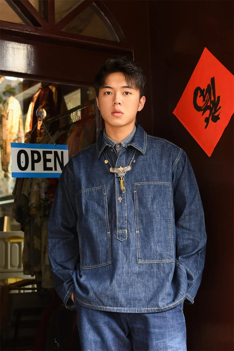 Blau Denim Pulloverjacke Herren | 100% Baumwolle, Vintage-Stil 2