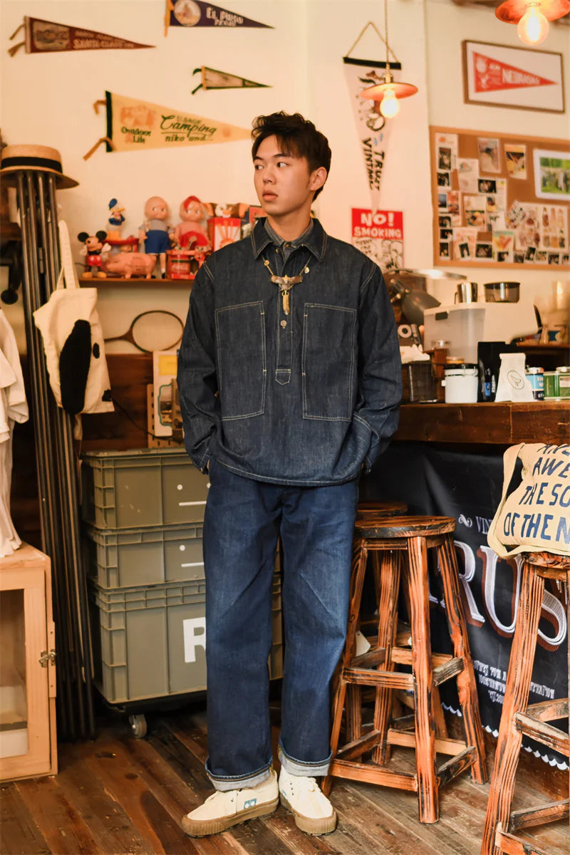 Blau Denim Pulloverjacke Herren | 100% Baumwolle, Vintage-Stil 3